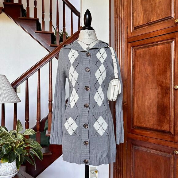 Grey White Argyle Long Sweater Top Dress Cardigan Preppy TwilightCore - Picture 1 of 5